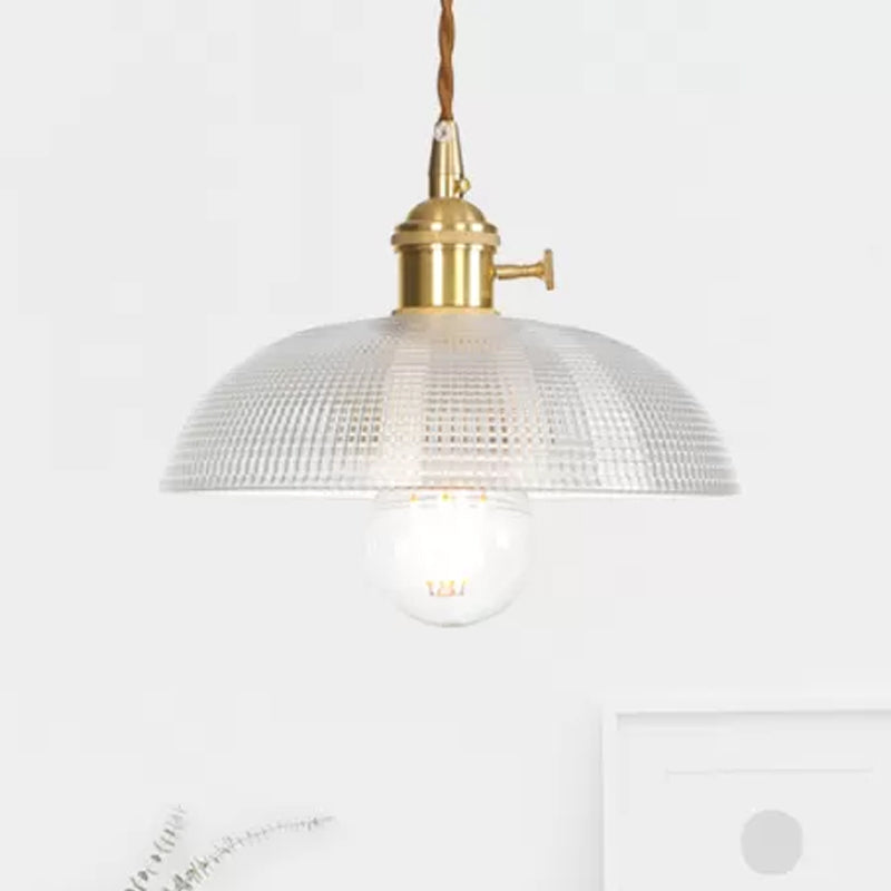 Industrial Clear Glass Saucer/Dome/Prismatic Brass Ceiling Pendant Light For Living Room