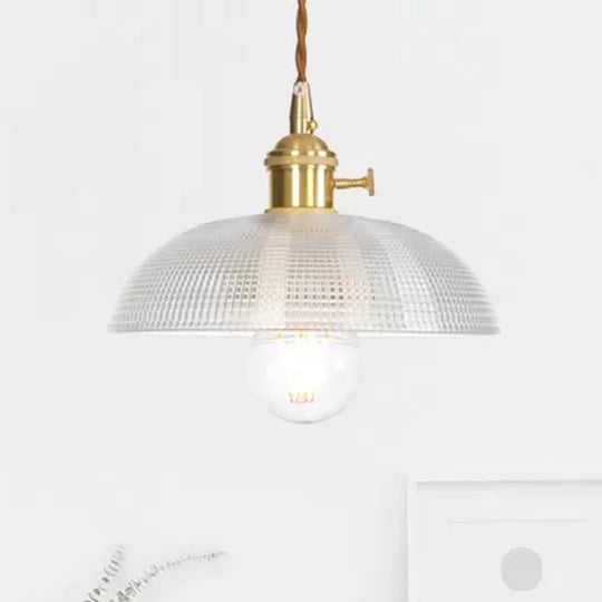 Industrial Clear Glass Saucer/Dome/Prismatic Brass Ceiling Pendant Light For Living Room