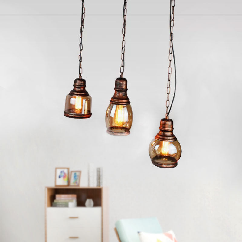 Rustic Clear Glass Pendant Light for Coffee Shop Ceiling - 1 Light, Rust Bottle Shade, Multi Pendant, Linear Canopy