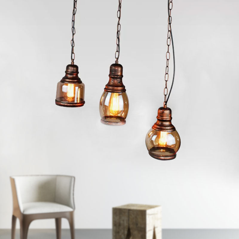 Rustic Clear Glass Pendant Light for Coffee Shop Ceiling - 1 Light, Rust Bottle Shade, Multi Pendant, Linear Canopy