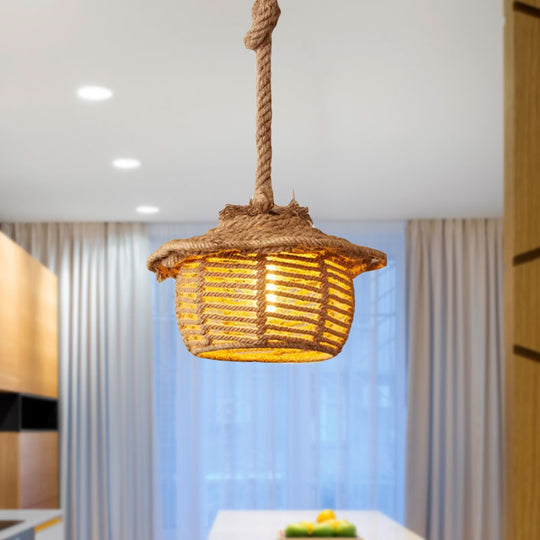 Stylish Hemp Rope House Suspended Ceiling Light Fixture In Beige For Coffee Shops - 1 Lodge