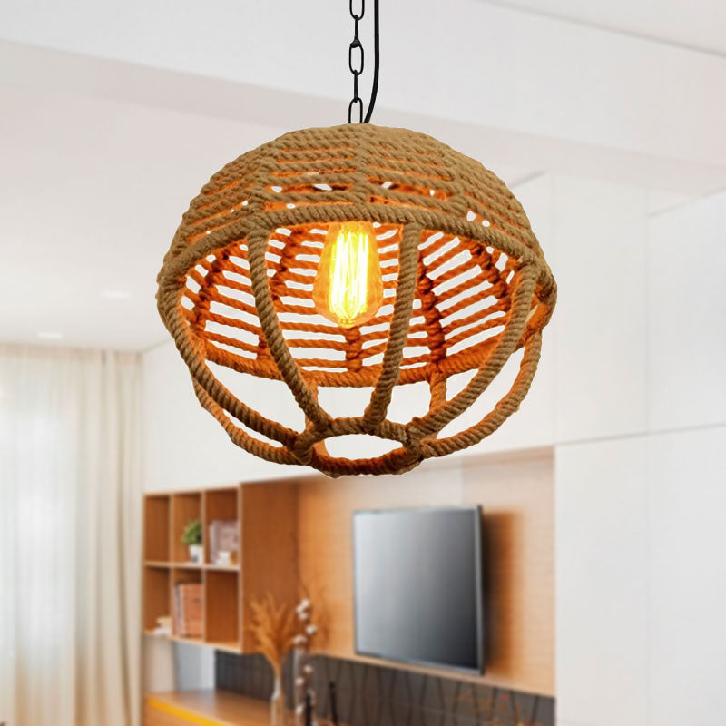 Retro Global Cage Pendant Light with Hemp Rope in Beige for Living Room