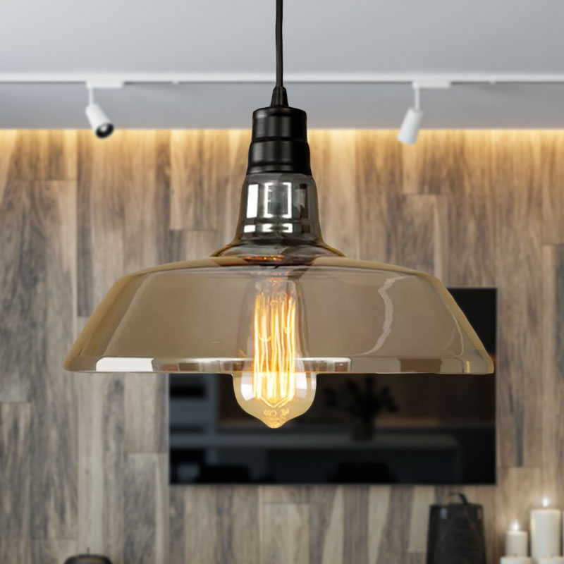 Barn-Shaped Grey Glass Industrial Pendant Light For Living Room Hanging Ceiling Fixture With Single