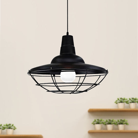 Industrial Black Metal Saucer Pendant Light for Restaurants - 1 Head with Cage Shade Ceiling Fixture