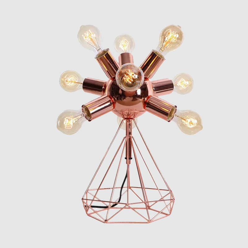 Retro-Style Metal Table Lamp With Diamond Base - 6/9-Head Bare Bulb Copper Finish Bedroom Lighting