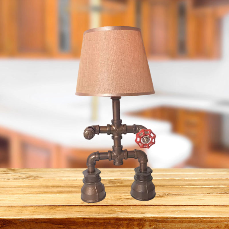 Vintage Fabric Conical Table Lamp With Water Pipe - Stylish 1-Light Restaurant Lighting In Bronze