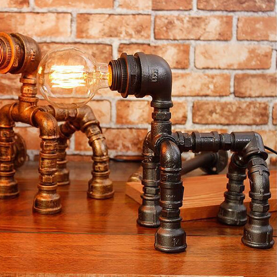 Dog Steampunk Water Pipe Table Lamp For Childrens Bedroom - 1 Bulb Black/Bronze Metallic Design