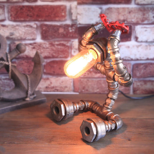 Steampunk Iron Robot Table Light With Water Valve - Unique Coffee Shop Lamp