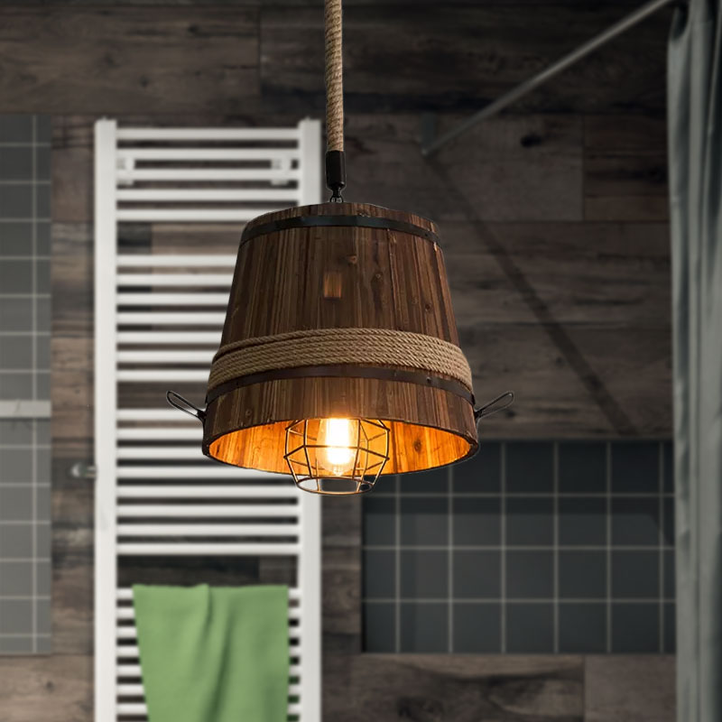 Rustic Wooden Bucket Pendant Light - Stylish Hanging Lamp for Bar