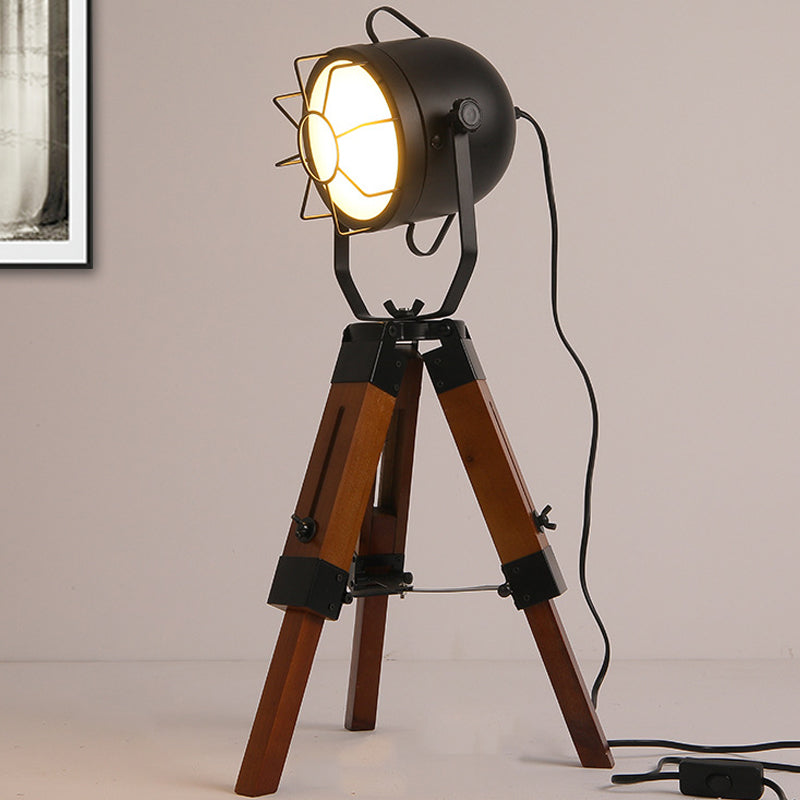 Industrial Loft Desk Lamp With Tripod Metal And Wood Table Light In Brown