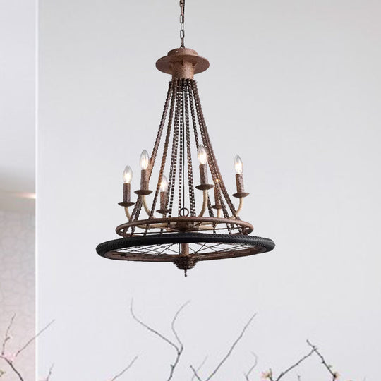 Rustic Wrought Iron Wheel Chandelier - Farmhouse Style Indoor Ceiling Lamp with 6 Lights, Candle, and Chain