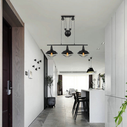 Farmhouse Barn Island Pendant - 3-Light Metallic Lighting With Cage Shade And Pulley In Black