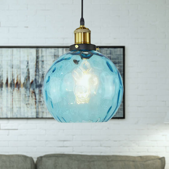 Industrial Globe Pendant Light with Blue Dimpled Glass Shade - 1 Light Ceiling Fixture for Living Room