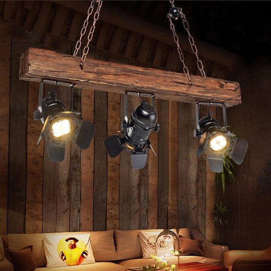 3 Lights Vintage Metal and Wood Island Pendant Light with Wooden Beam in Black