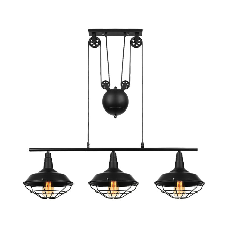 Farmhouse Barn Island Pendant - 3-Light Metallic Lighting With Cage Shade And Pulley In Black