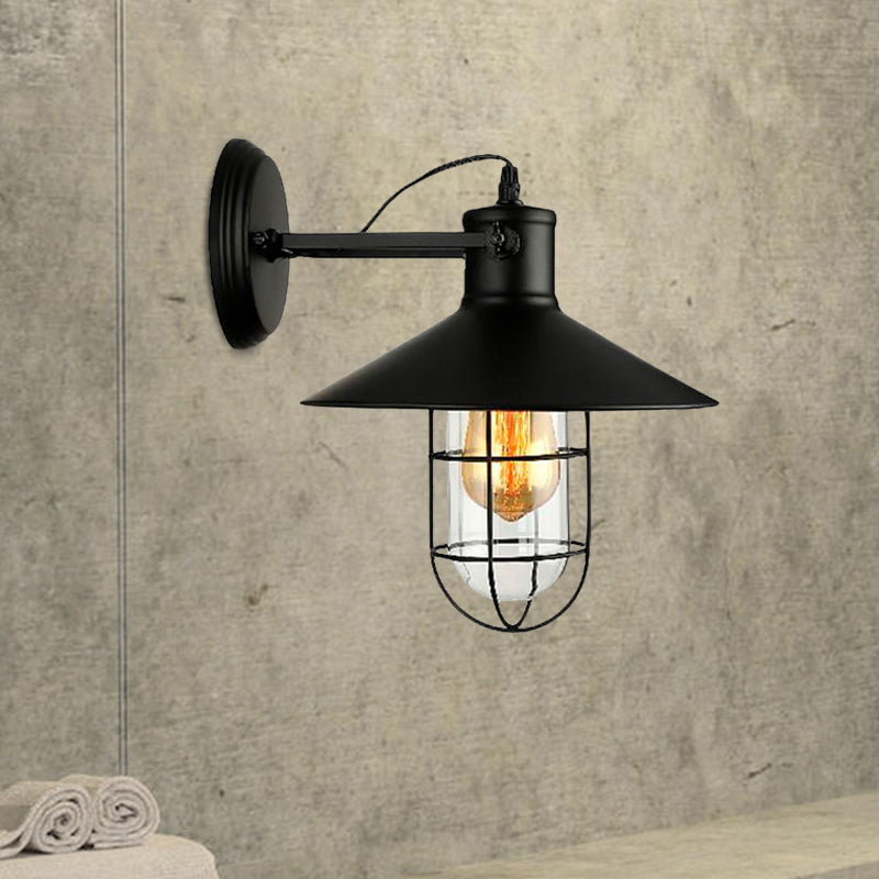 Industrial Black Cone Sconce With Clear Glass - Kitchen Wall Lamp Cage And Plug-In Cord