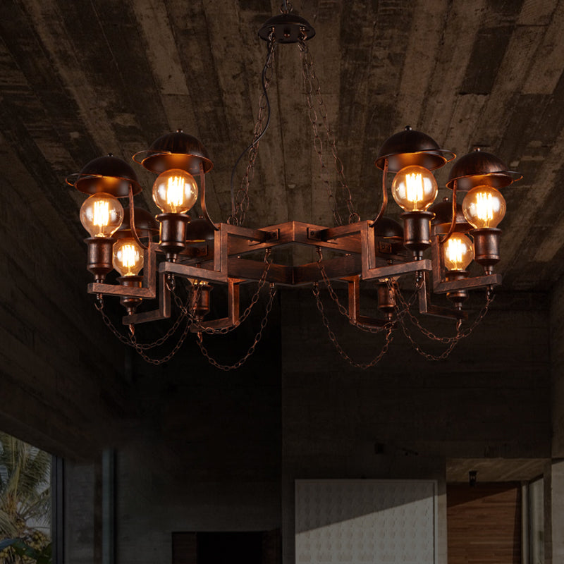 Antique Rust Metal Ring Chandelier With Half-Globe Shade - 8 Heads Ideal For Villa