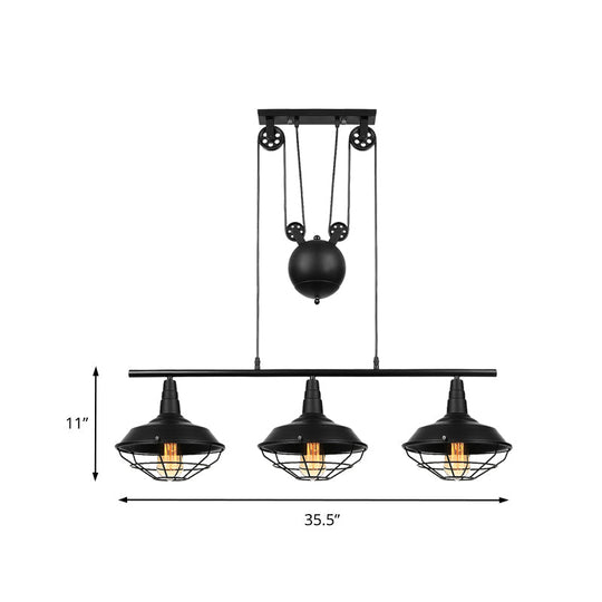 Farmhouse Barn Island Pendant - 3-Light Metallic Lighting With Cage Shade And Pulley In Black