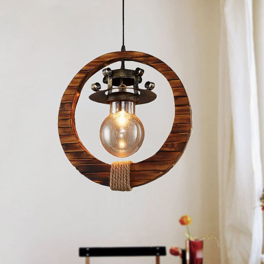 Retro Loft Ring Pendant Lamp - 1 Light Wood & Metal Ceiling Pendant for Cafe, Bistro, Bar