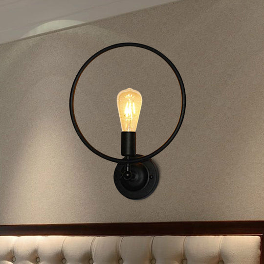 Industrial Style Metal Circular Bathroom Wall Sconce Light - 1 Bulb Black Finish