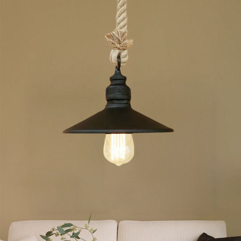 Antique Black Pendant Lamp: Stylish Farmhouse Hanging Light with Metallic Cone Shade and Rope