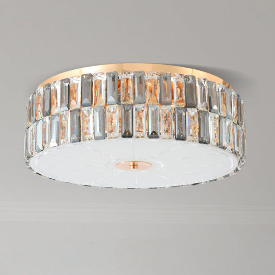 Modern Clear Crystal Drum Flush Light Fixture with 6 Bulbs - Elegant Bedchamber Ceiling Lamp