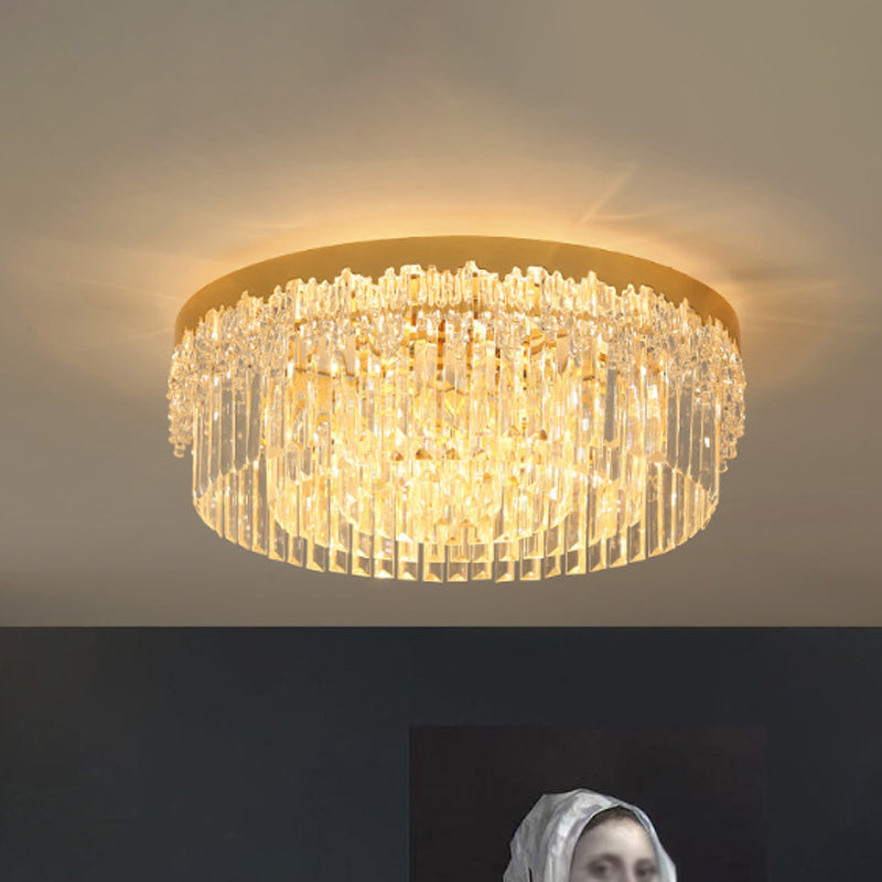 Modern Gold Finish Flush Mount Ceiling Light with Crystal Rods - 3/5/6 Heads, 3-Sided Clear, 14"/19"/23.5" Wide