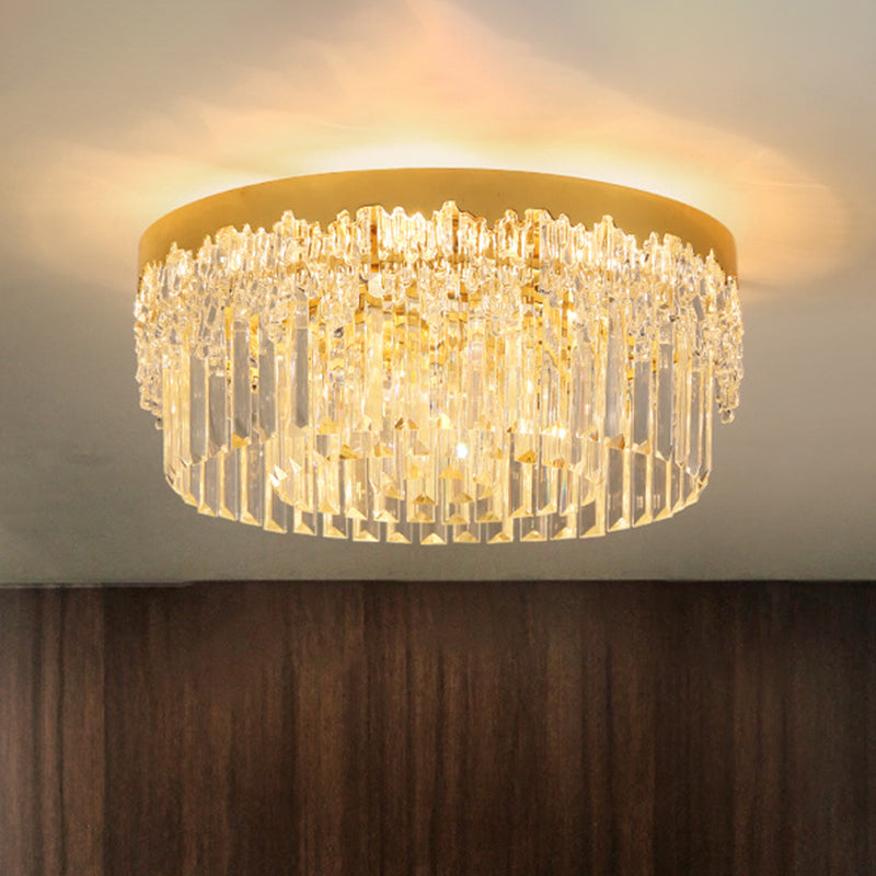 Modern Gold Finish Flush Mount Ceiling Light with Crystal Rods - 3/5/6 Heads, 3-Sided Clear, 14"/19"/23.5" Wide