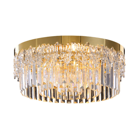 Modern Gold Finish Flush Mount Ceiling Light with Crystal Rods - 3/5/6 Heads, 3-Sided Clear, 14"/19"/23.5" Wide