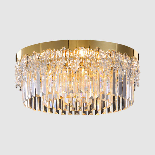 Modern Gold Finish Flush Mount Ceiling Light with Crystal Rods - 3/5/6 Heads, 3-Sided Clear, 14"/19"/23.5" Wide