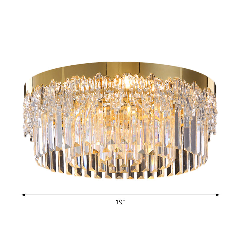 Modern Gold Finish Flush Mount Ceiling Light with Crystal Rods - 3/5/6 Heads, 3-Sided Clear, 14"/19"/23.5" Wide