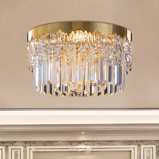 Modern Gold Finish Flush Mount Ceiling Light with Crystal Rods - 3/5/6 Heads, 3-Sided Clear, 14"/19"/23.5" Wide