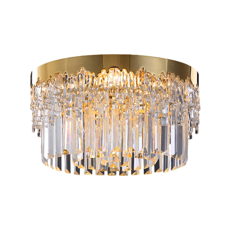 Modern Gold Finish Flush Mount Ceiling Light with Crystal Rods - 3/5/6 Heads, 3-Sided Clear, 14"/19"/23.5" Wide