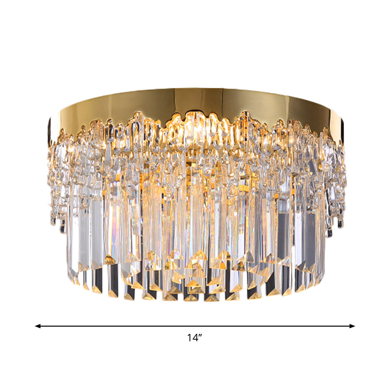 Modern Gold Finish Flush Mount Ceiling Light with Crystal Rods - 3/5/6 Heads, 3-Sided Clear, 14"/19"/23.5" Wide