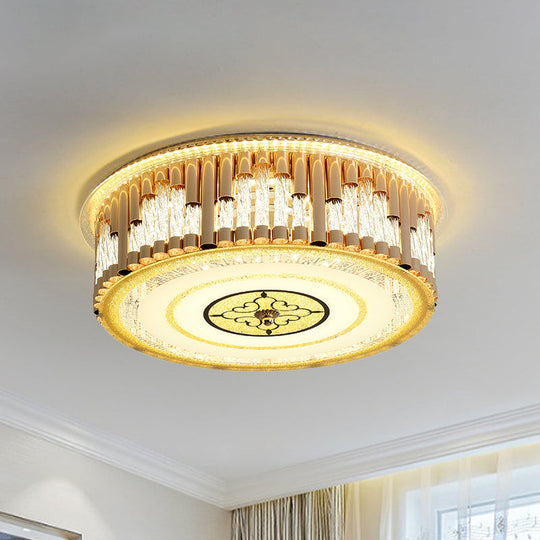 Contemporary LED Gold Flush Mount Drum Bedchamber Light Fixture with Clear Crystal Stripes