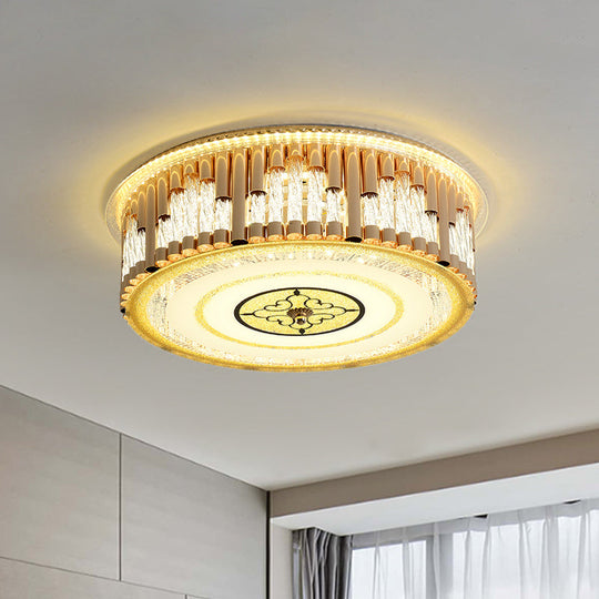 Contemporary LED Gold Flush Mount Drum Bedchamber Light Fixture with Clear Crystal Stripes