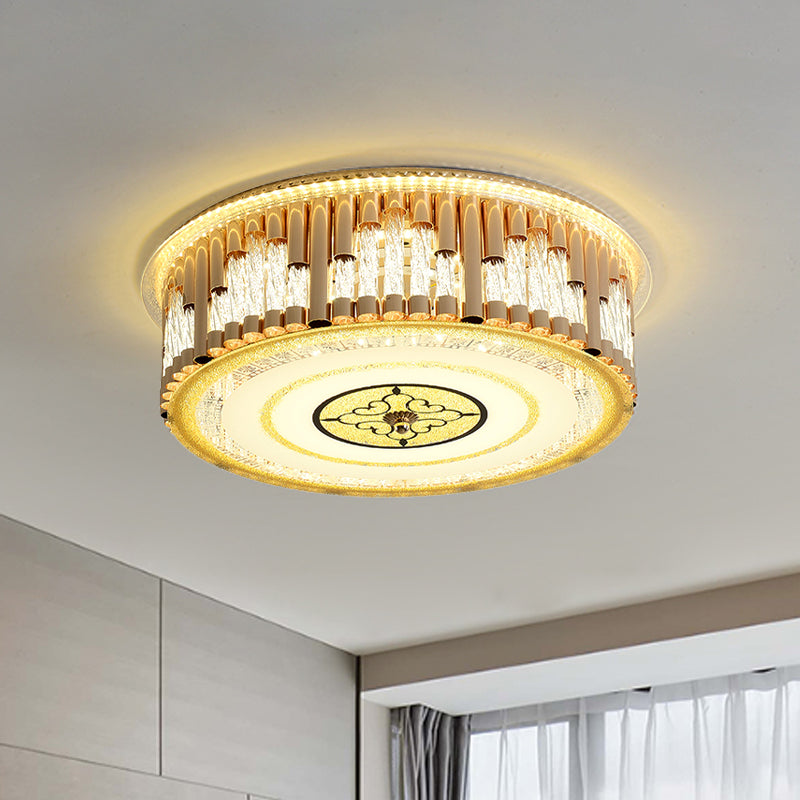 Contemporary Led Gold Flush Mount Drum Bedchamber Light Fixture With Clear Crystal Stripes