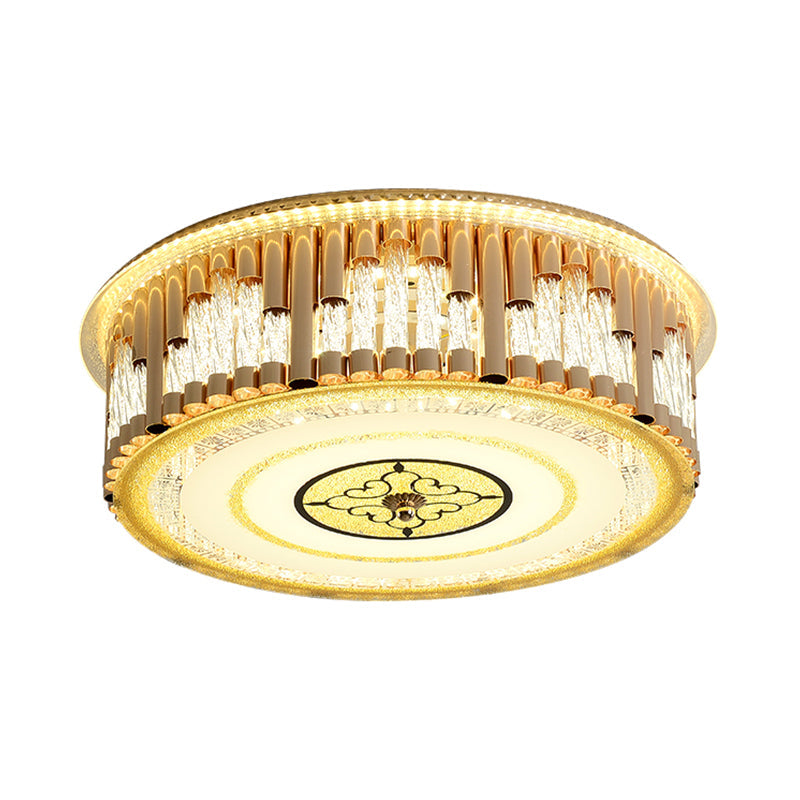 Contemporary LED Gold Flush Mount Drum Bedchamber Light Fixture with Clear Crystal Stripes