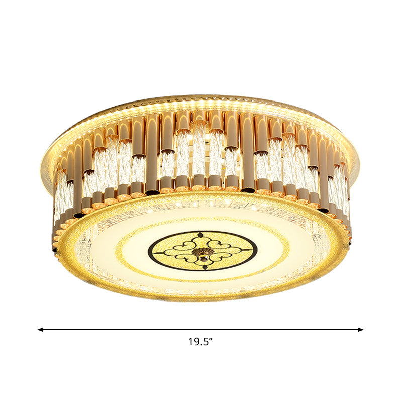 Contemporary LED Gold Flush Mount Drum Bedchamber Light Fixture with Clear Crystal Stripes