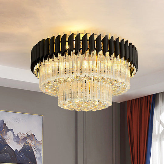 Modern Black Flush Ceiling Light with Clear Dropped Crystals - 4 Heads Tapered Design