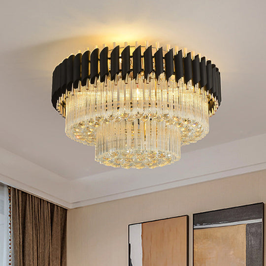 Modern Black Flush Ceiling Light with Clear Dropped Crystals - 4 Heads Tapered Design