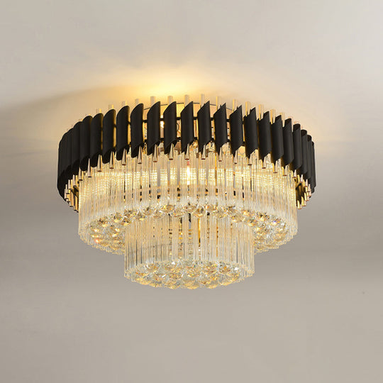 Modern Black Flush Ceiling Light with Clear Dropped Crystals - 4 Heads Tapered Design