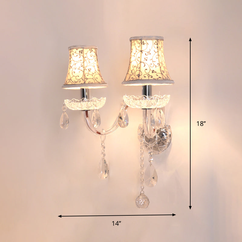 Traditional 2-Headed Wall Sconce With Bell Shade Flower-Patterned Fabric & Crystal Droplets For