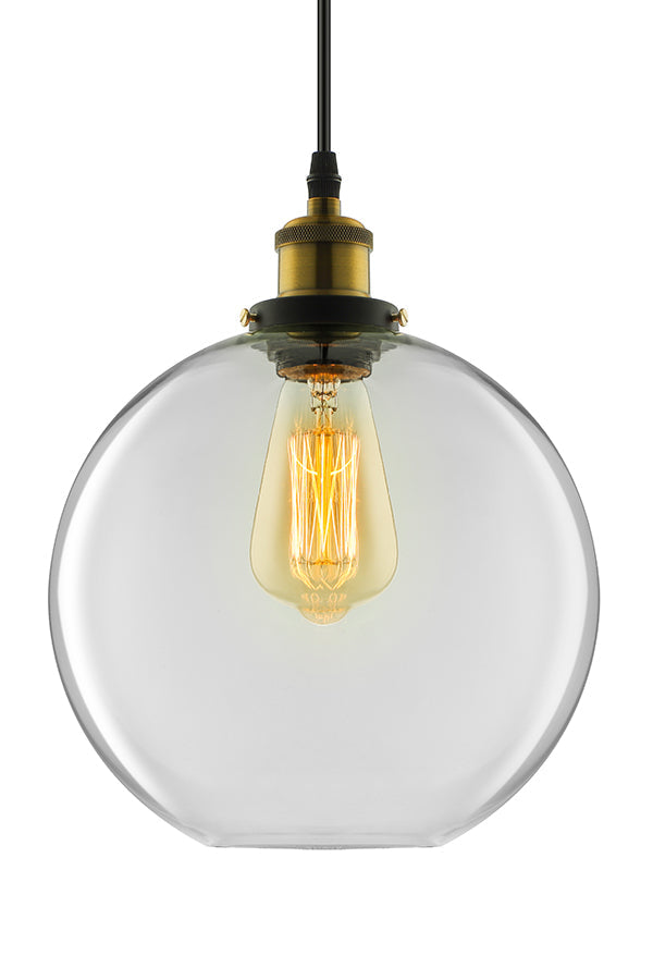 Industrial Round Pendant Light - 1 Light Clear Glass Hanging Lamp in Brass (8"/10"/12" Wide)