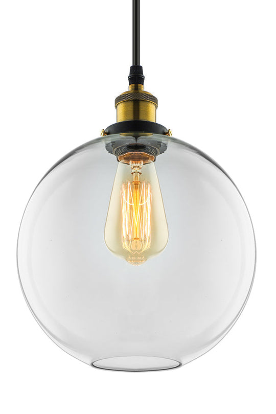 Industrial Round Pendant Light - 1 Light Clear Glass Hanging Lamp in Brass (8"/10"/12" Wide)