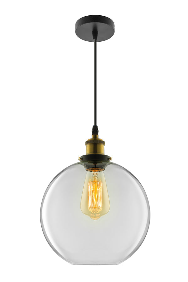 Industrial Round Pendant Light - 1 Light Clear Glass Hanging Lamp in Brass (8"/10"/12" Wide)