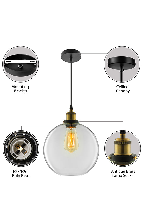 Industrial Round Pendant Light - 1 Light Clear Glass Hanging Lamp in Brass (8"/10"/12" Wide)