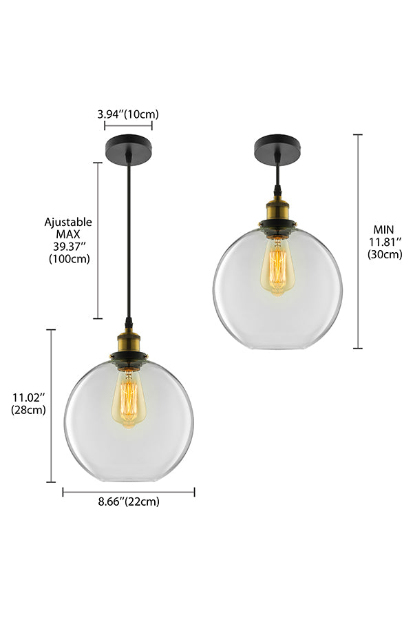 Industrial Round Pendant Light - 1 Light Clear Glass Hanging Lamp in Brass (8"/10"/12" Wide)