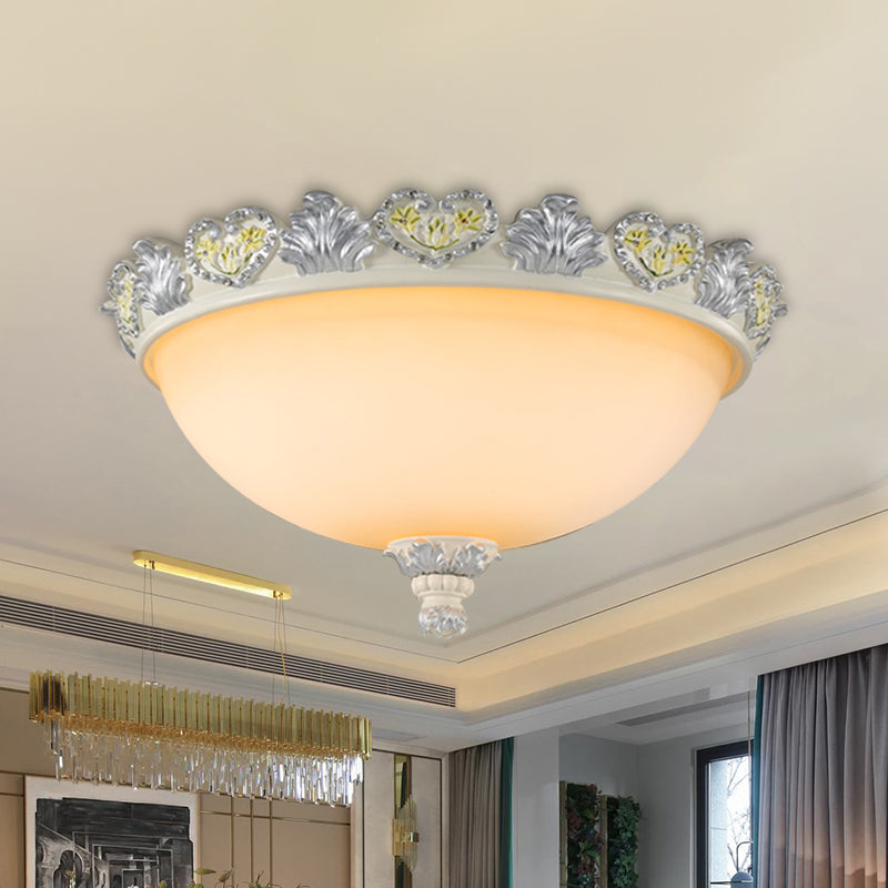 Classic Flush Mount Fixture: 3-Bulb 15"/19" Wide Frosted Glass Ceiling Light with Blossom Edge - Silver