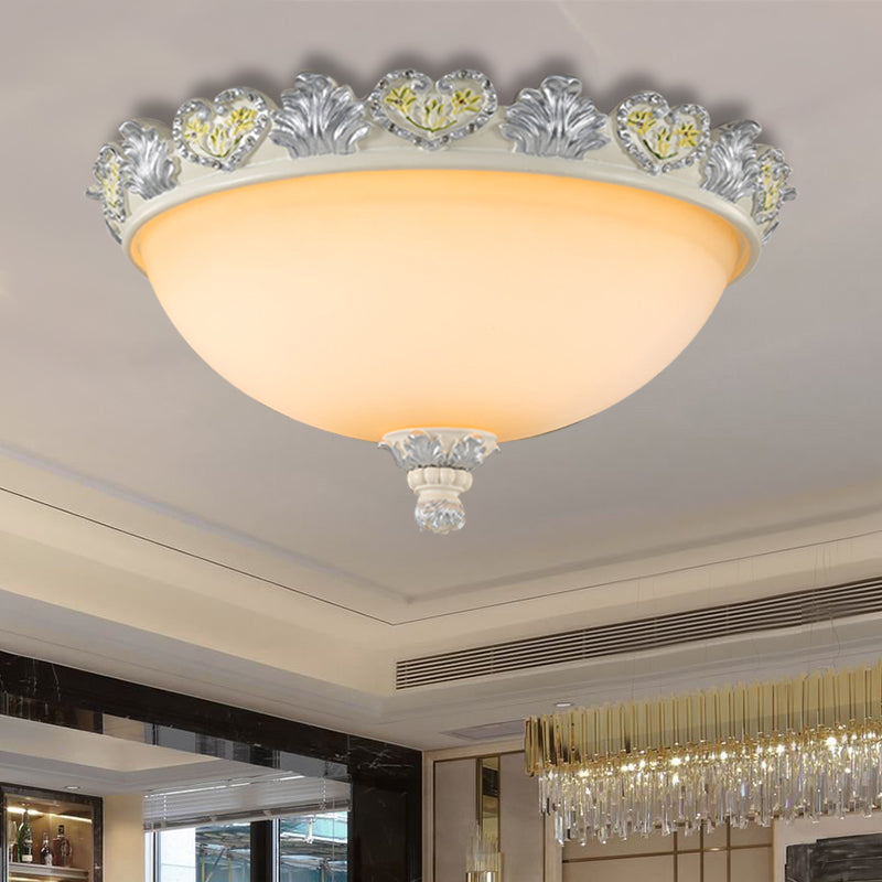 Classic Flush Mount Fixture: 3-Bulb 15"/19" Wide Frosted Glass Ceiling Light with Blossom Edge - Silver